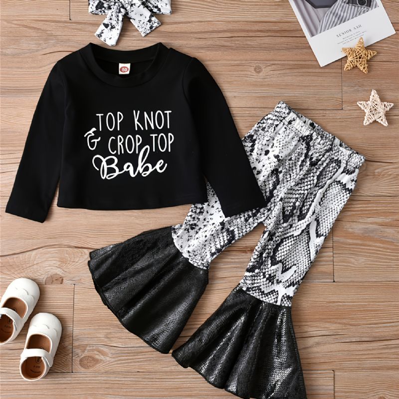 3 Kpl Tyttöjen Top Knot & Crop Top Babe Print Crew Neck Pitkähihainen + Levenevät Housut + Rusetti Otsapanta