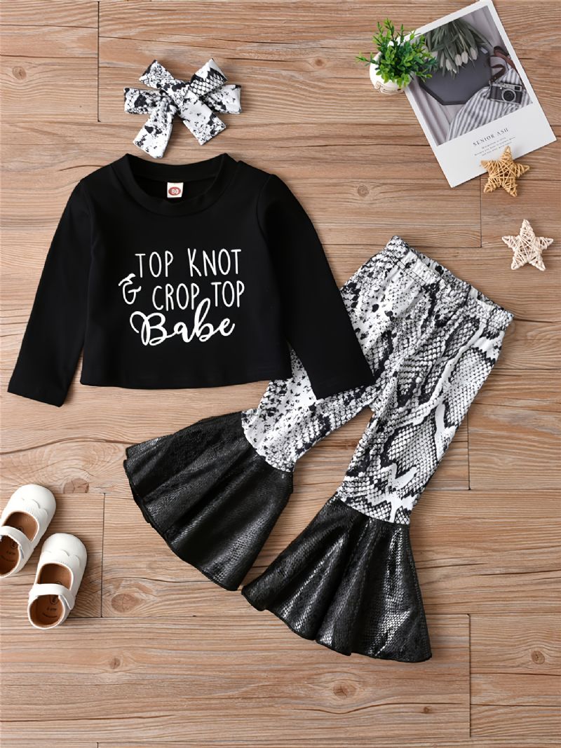 3 Kpl Tyttöjen Top Knot & Crop Top Babe Print Crew Neck Pitkähihainen + Levenevät Housut + Rusetti Otsapanta