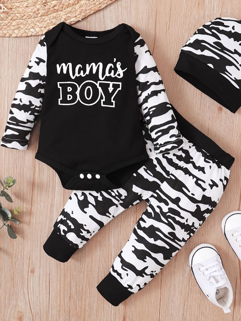 3kpl Poikien Mama's Kirjeprintti Pitkähihainen Onesie-housu Top Joustavat Vyötäröhousut Hattu Set Vaatteet