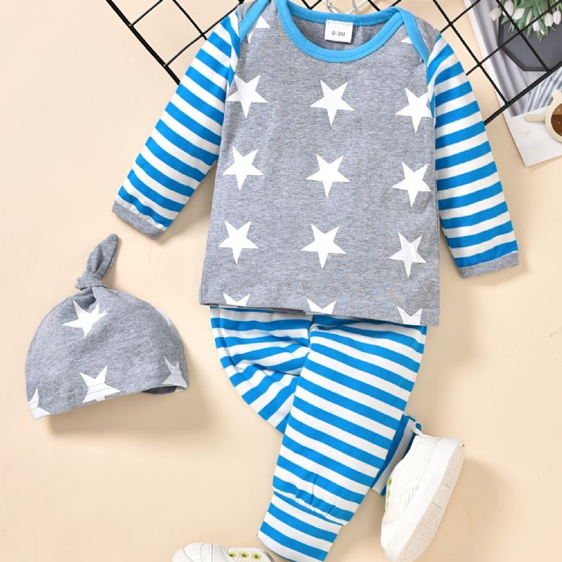 3kpl Toddler Vauvan Stripe Print Pitkähihainen & Housu & Hattusarja Pojille