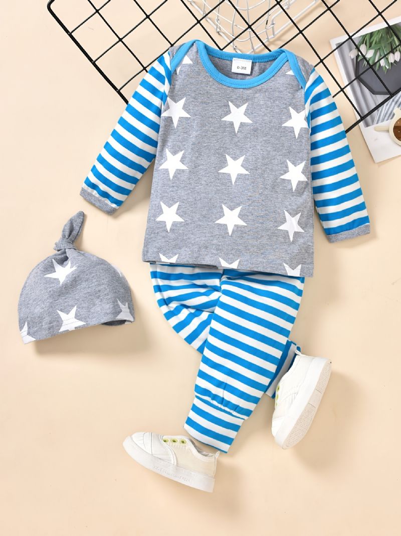 3kpl Toddler Vauvan Stripe Print Pitkähihainen & Housu & Hattusarja Pojille