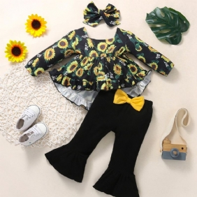 3kpl Tyttöjen Flower Sunflower Print Top + Levenevät Housutsetti