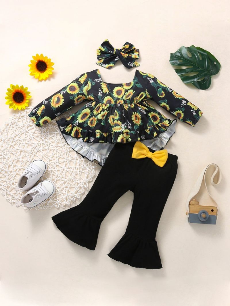 3kpl Tyttöjen Flower Sunflower Print Top + Levenevät Housutsetti