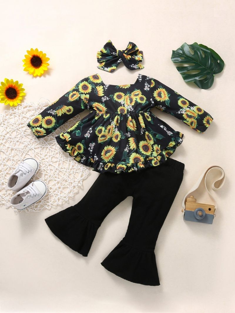 3kpl Tyttöjen Flower Sunflower Print Top + Levenevät Housutsetti