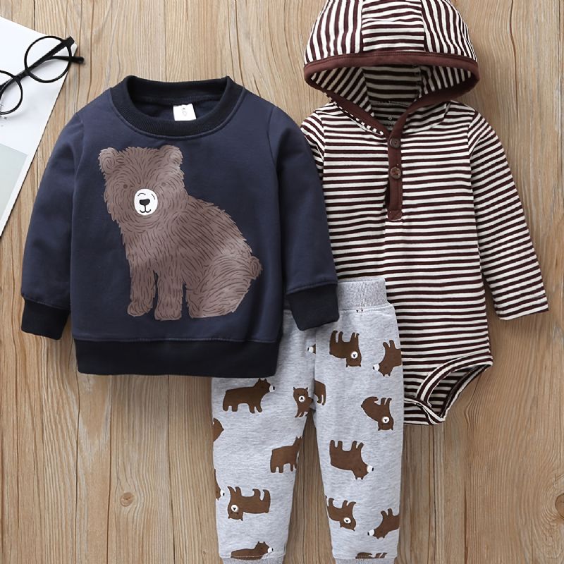 3kpl Vauvan Poikien Hooded Bear Print Body Ja Collegepaita & Housutsetti Syystalvelle Uusi