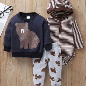 3kpl Vauvan Poikien Hooded Bear Print Body Ja Collegepaita & Housutsetti Syystalvelle Uusi