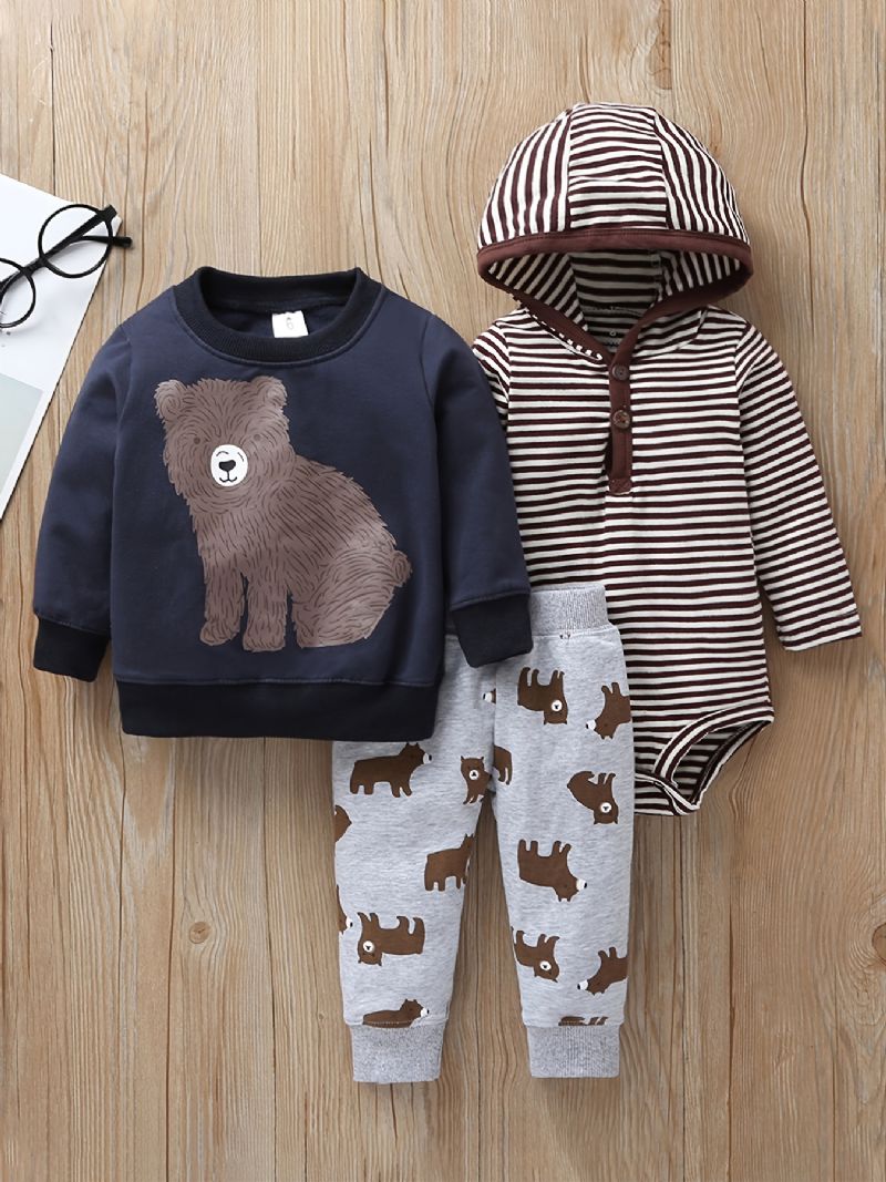 3kpl Vauvan Poikien Hooded Bear Print Body Ja Collegepaita & Housutsetti Syystalvelle Uusi