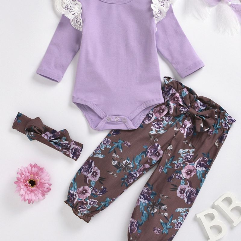 3kpl Vauvan Tyttöjen Lace Romper Flower Print Purple Suit