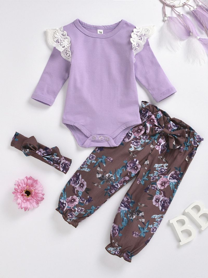 3kpl Vauvan Tyttöjen Lace Romper Flower Print Purple Suit