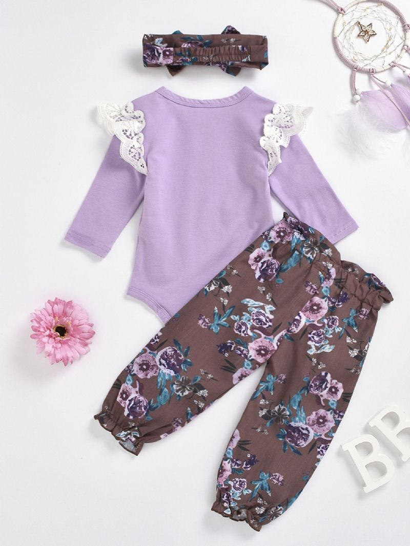 3kpl Vauvan Tyttöjen Lace Romper Flower Print Purple Suit