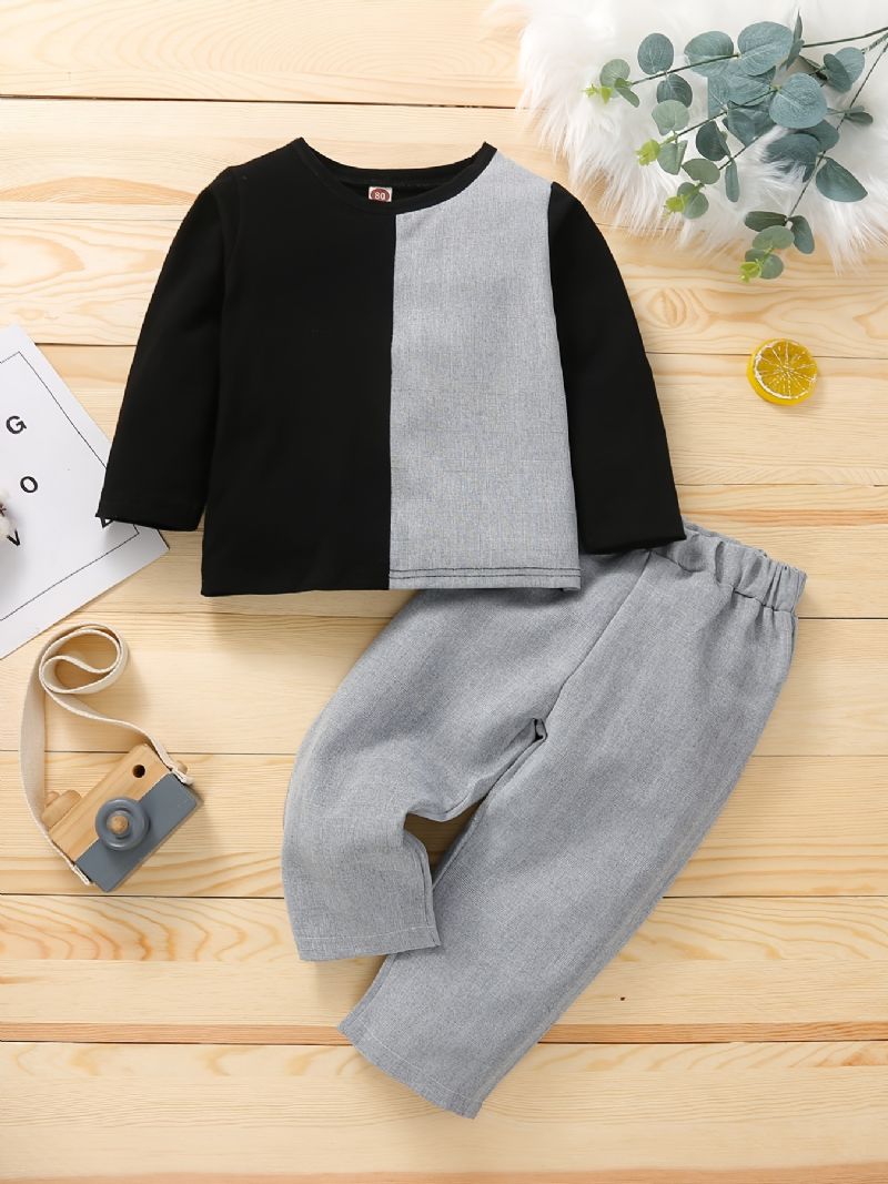 Poikien Patchwork Sweatshirt + Pants Outfit Set Vauvanvaatteet Musta Harmaa