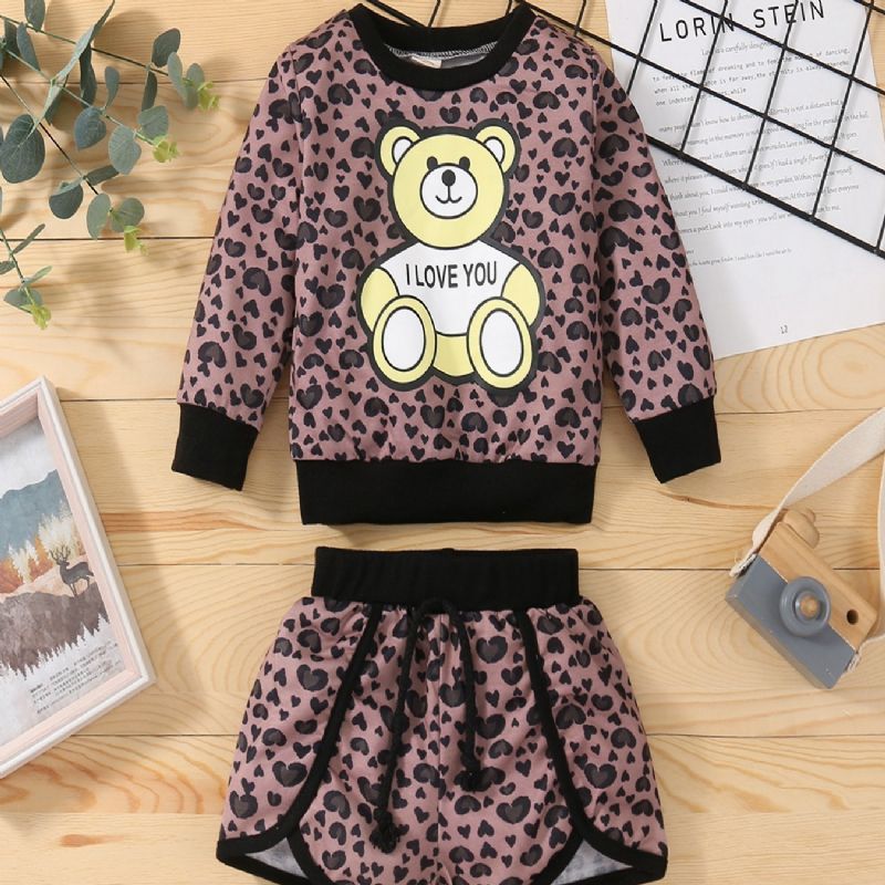 Toddler Tyttöjen Bear Leopard Print Pitkähihainen Collegepaita Kiristysnyörillä Collegehousut