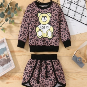 Toddler Tyttöjen Bear Leopard Print Pitkähihainen Collegepaita Kiristysnyörillä Collegehousut