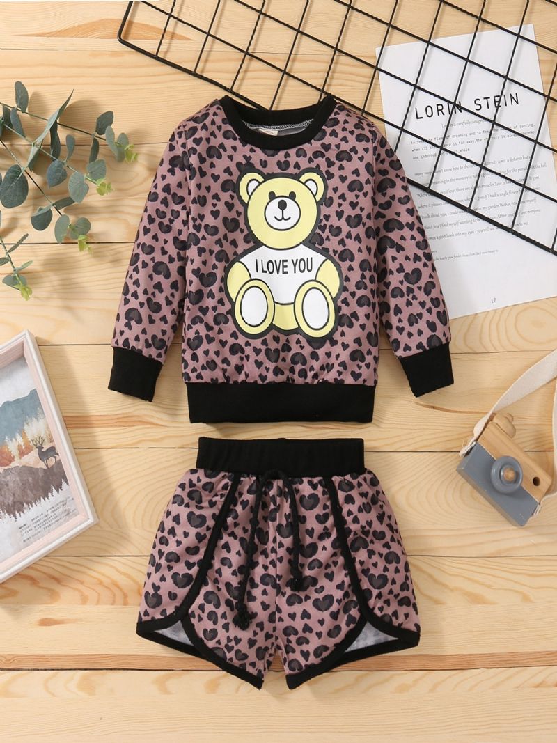 Toddler Tyttöjen Bear Leopard Print Pitkähihainen Collegepaita Kiristysnyörillä Collegehousut