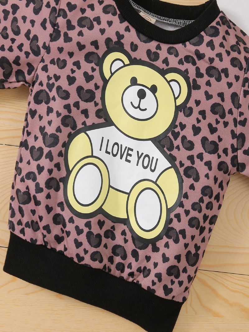 Toddler Tyttöjen Bear Leopard Print Pitkähihainen Collegepaita Kiristysnyörillä Collegehousut