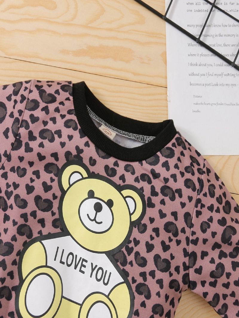 Toddler Tyttöjen Bear Leopard Print Pitkähihainen Collegepaita Kiristysnyörillä Collegehousut