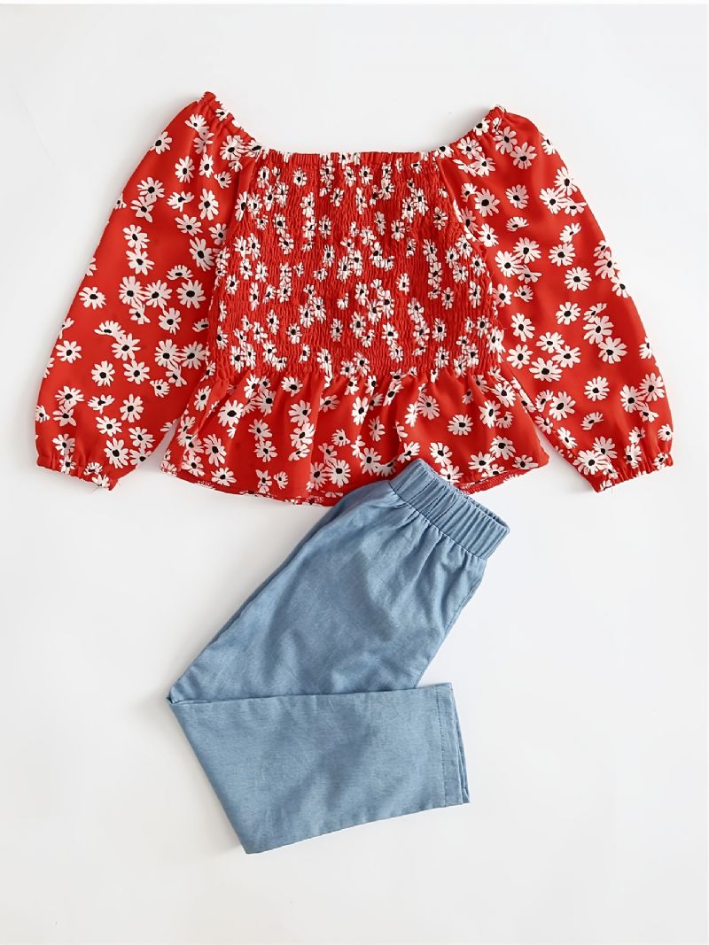 Toddler Tyttöjen Daisy Shirred Peplum Top & Appliques Farkkusetti