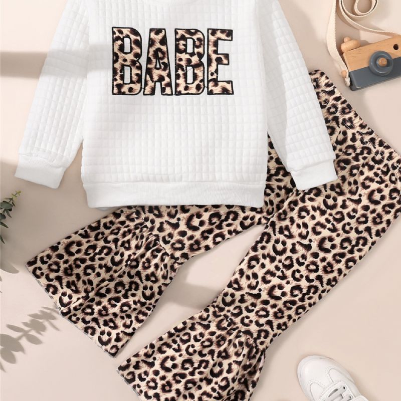 Toddler Tyttöjen Leopard Print Crew Neck Puuvilla Pitkähihainen Ruudullinen Valkoinen T-paita Flare Housut Setti
