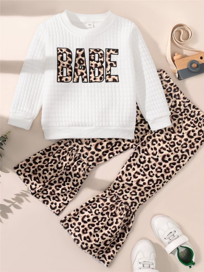 Toddler Tyttöjen Leopard Print Crew Neck Puuvilla Pitkähihainen Ruudullinen Valkoinen T-paita Flare Housut Setti