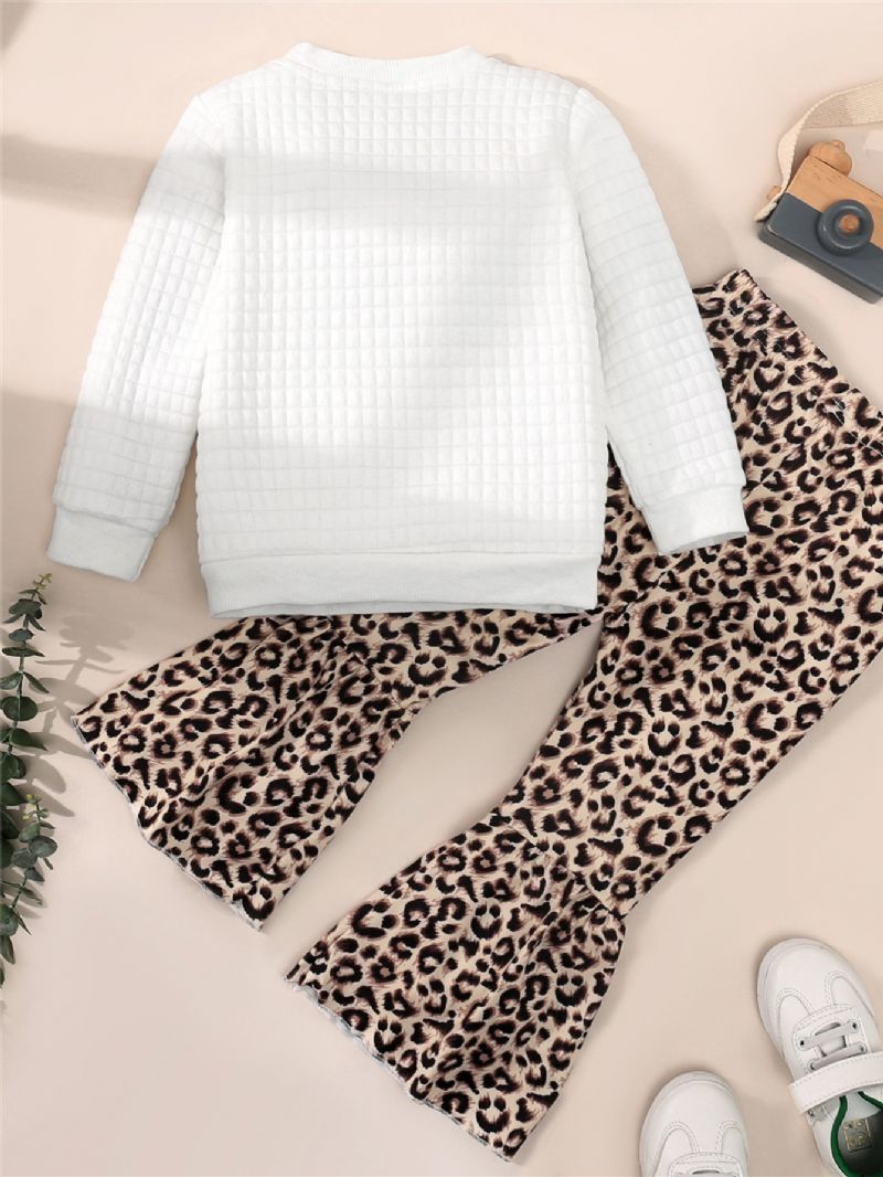 Toddler Tyttöjen Leopard Print Crew Neck Puuvilla Pitkähihainen Ruudullinen Valkoinen T-paita Flare Housut Setti