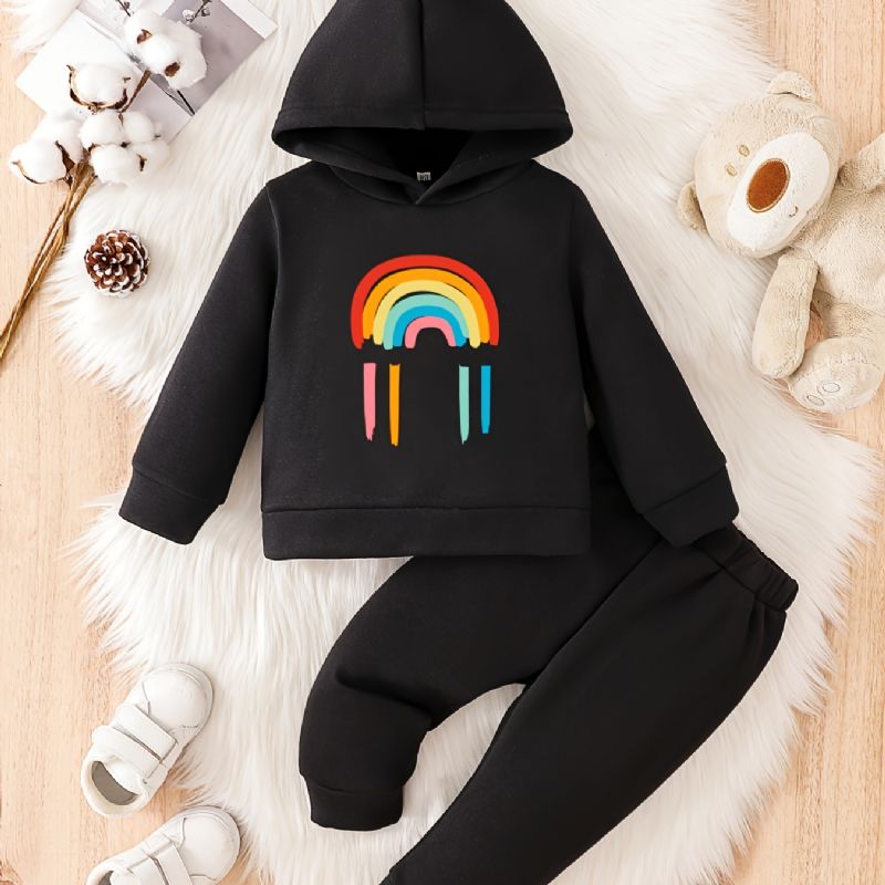 Toddler Vauvan Rainbow Print Fleece Lämmin Huppari Collegepaita Housutsetti Pojille Tytöille Syksy Talvi