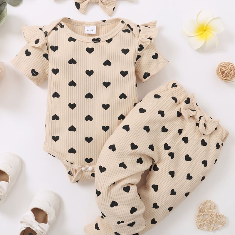 Toddler Vauvan Tyttöjen Heart Print Bodysuit + Housut Setti + Pääpanta Onesie Vaatteet