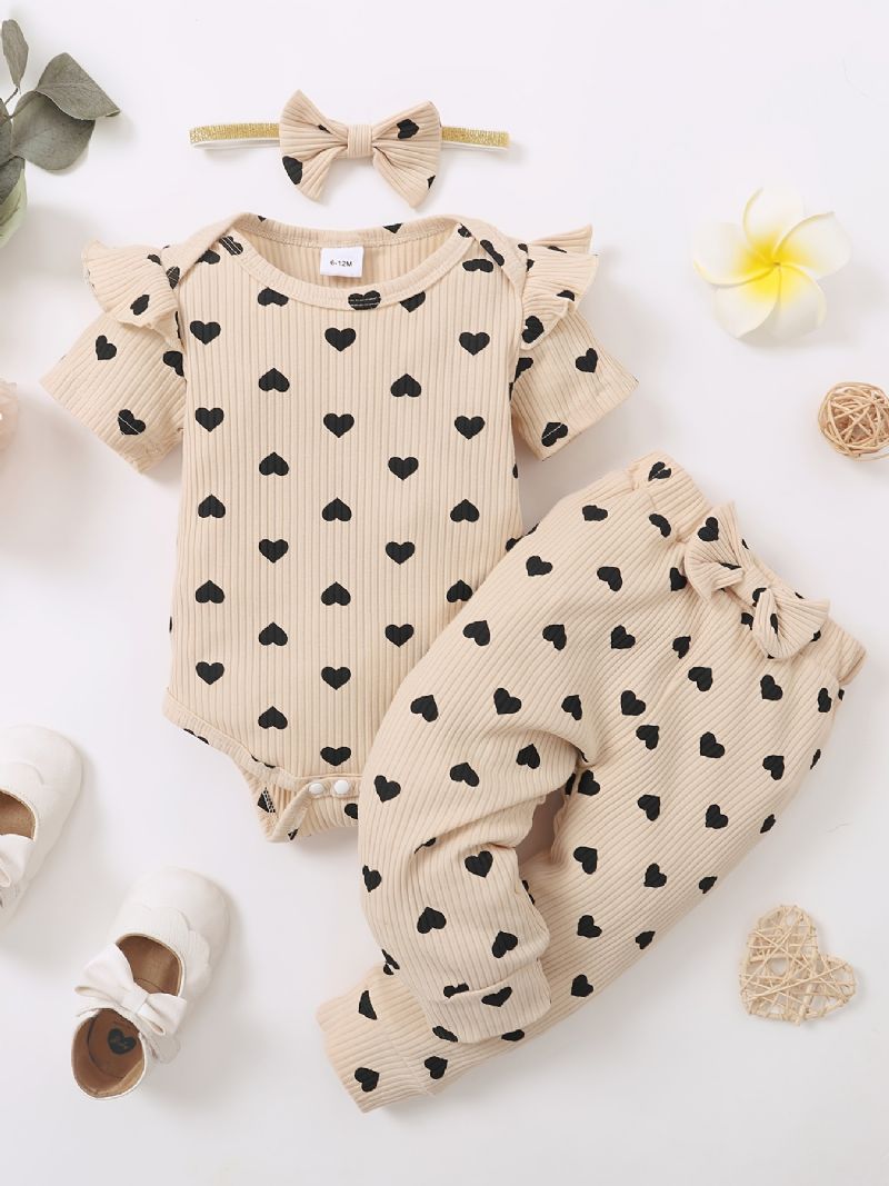 Toddler Vauvan Tyttöjen Heart Print Bodysuit + Housut Setti + Pääpanta Onesie Vaatteet