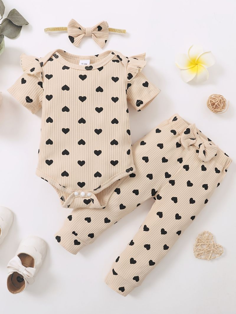 Toddler Vauvan Tyttöjen Heart Print Bodysuit + Housut Setti + Pääpanta Onesie Vaatteet