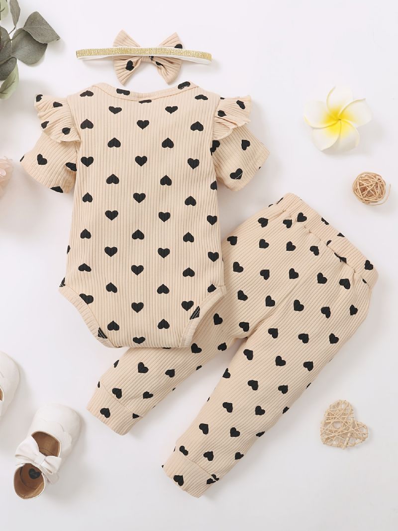 Toddler Vauvan Tyttöjen Heart Print Bodysuit + Housut Setti + Pääpanta Onesie Vaatteet