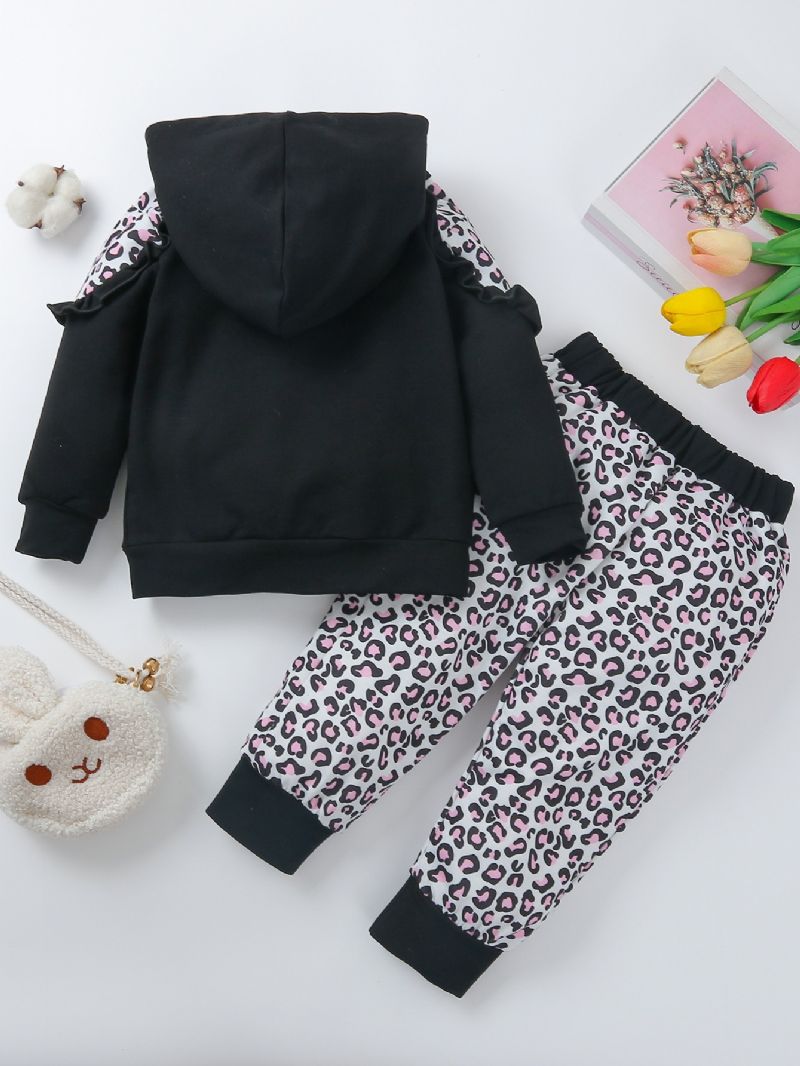 Tyttöjen Alphabet Print Black Top + Leopard Housut Setti