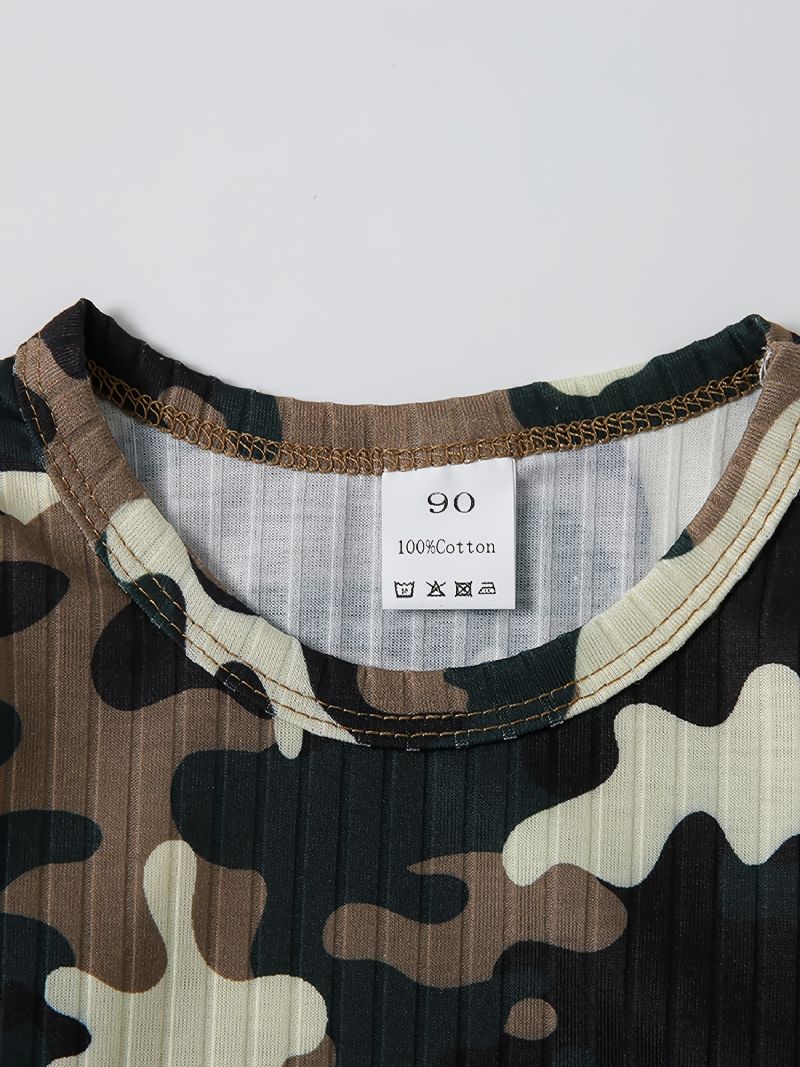 Tyttöjen Camo Sleeve Top + Repeytymätön Raw Hem Farkkusetti Lasten Vaatteet