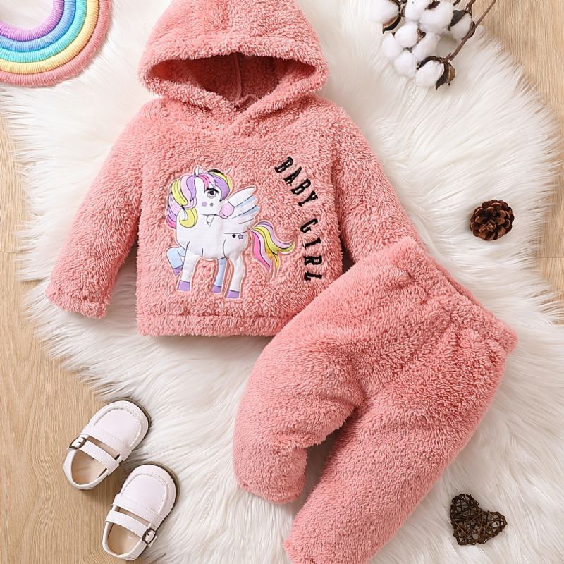 Tyttöjen Fleece Unicorn Brodeerattu Neulehuppari + Housutsetti Vauvanvaatteita Talveksi