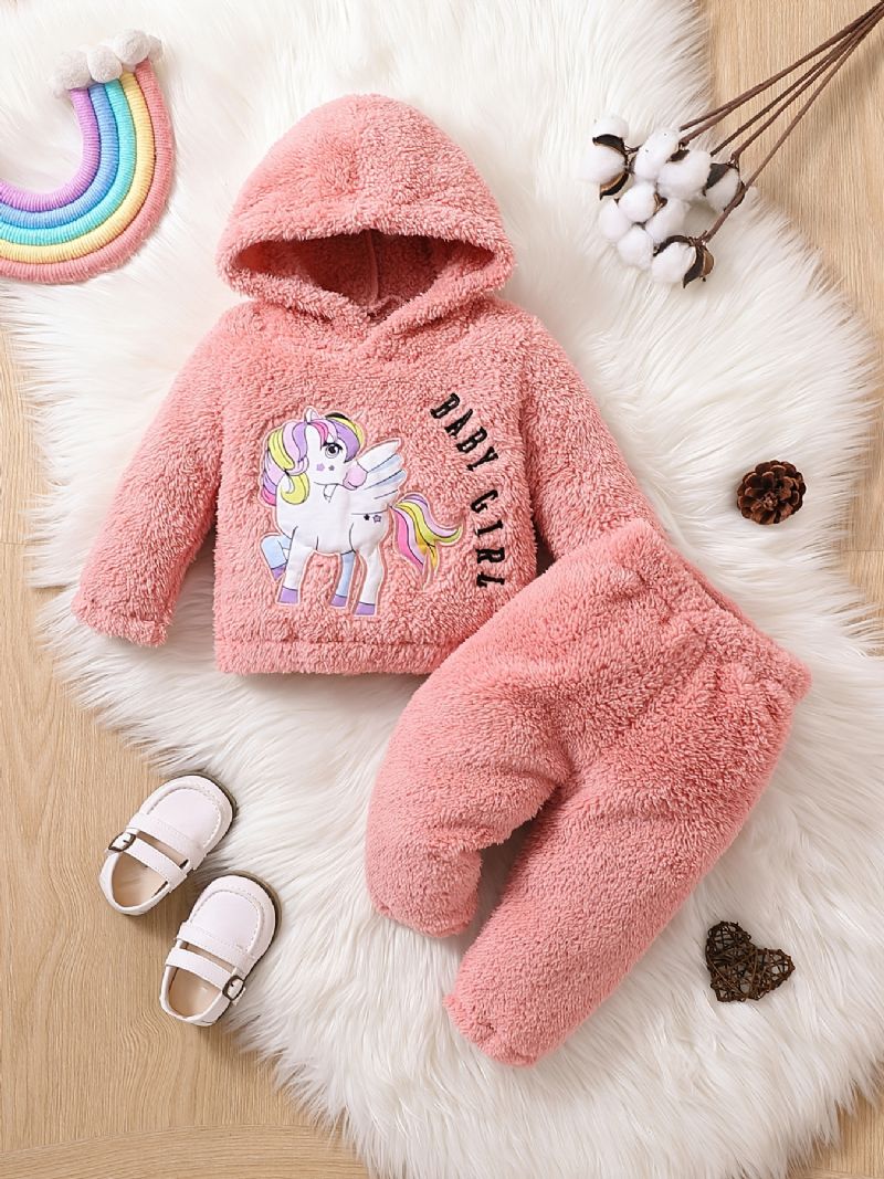 Tyttöjen Fleece Unicorn Brodeerattu Neulehuppari + Housutsetti Vauvanvaatteita Talveksi