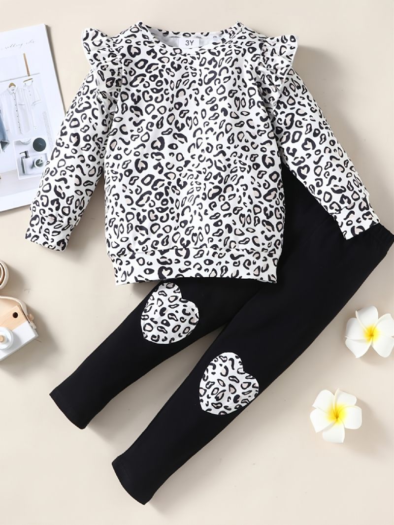 Tyttöjen Leopardikuvioinen Neulepusero + Sydämenmuotoinen Housupuku Vauvan Lasten Vaatteet