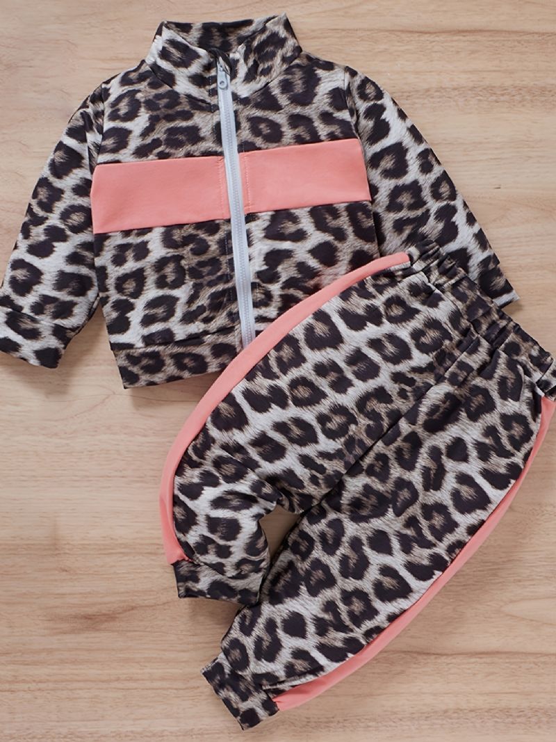 Tyttöjen Leopardprint Color Block Vetoketjullinen Collegepaita + Housusetti Vauvan Vaatteet