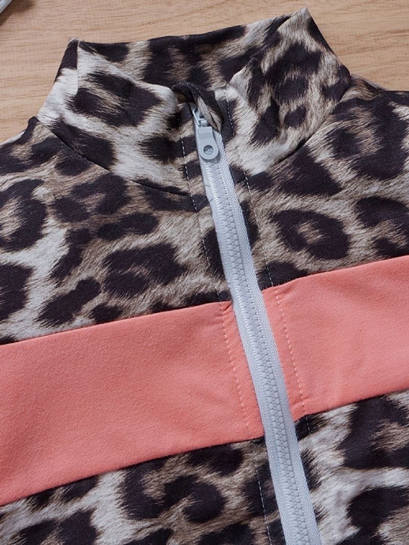Tyttöjen Leopardprint Color Block Vetoketjullinen Collegepaita + Housusetti Vauvan Vaatteet