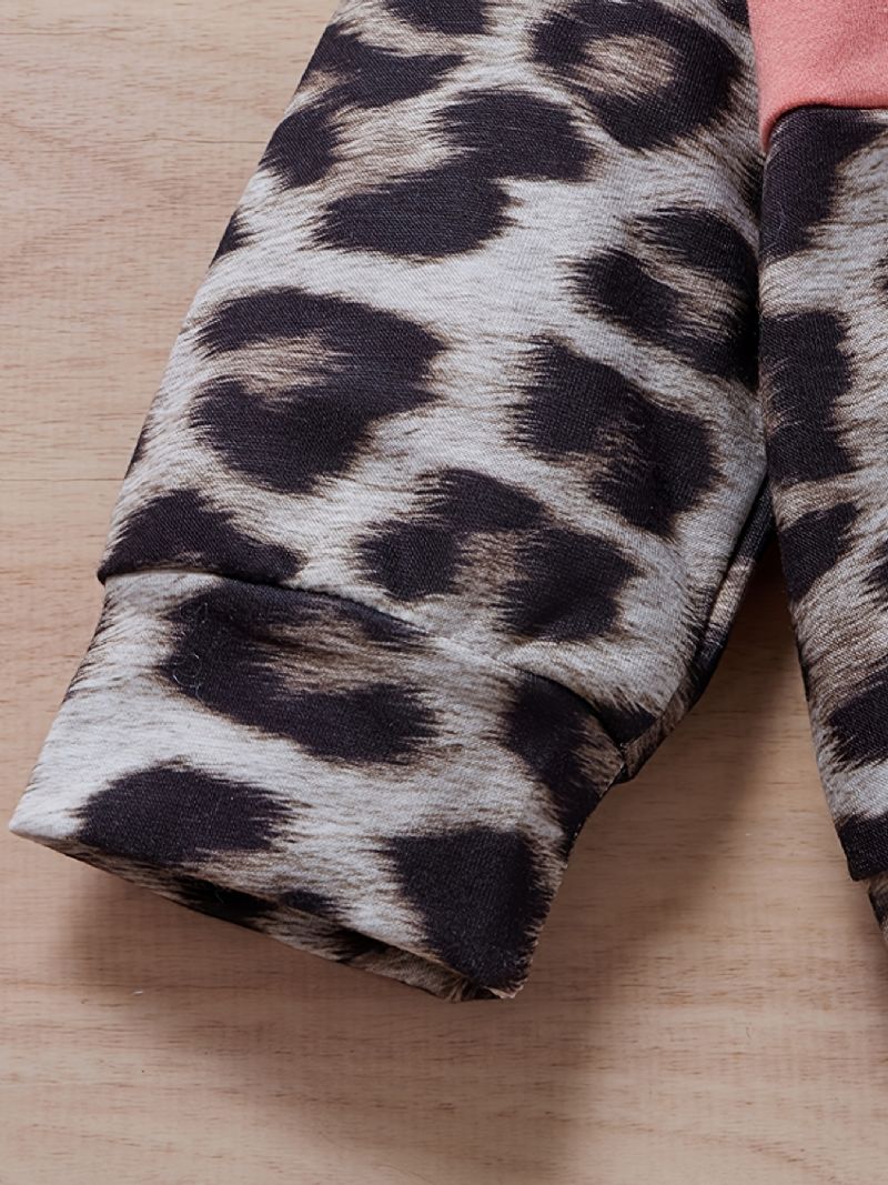 Tyttöjen Leopardprint Color Block Vetoketjullinen Collegepaita + Housusetti Vauvan Vaatteet