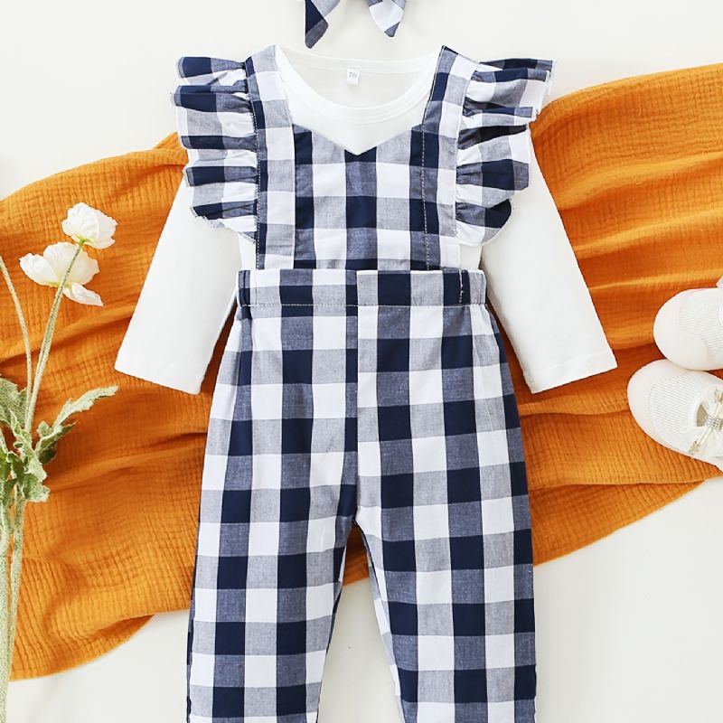 Tyttöjen Pitkähihainen Haalari + Yhteensopivat Ruudulliset Haalarit + Pääpantasetti Vauvan Vaatteet Asu Bodysuit Onesie