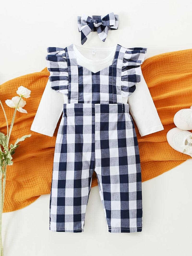 Tyttöjen Pitkähihainen Haalari + Yhteensopivat Ruudulliset Haalarit + Pääpantasetti Vauvan Vaatteet Asu Bodysuit Onesie