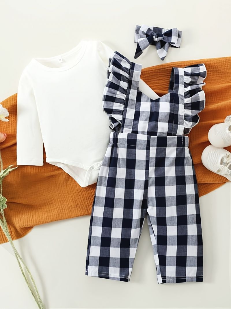 Tyttöjen Pitkähihainen Haalari + Yhteensopivat Ruudulliset Haalarit + Pääpantasetti Vauvan Vaatteet Asu Bodysuit Onesie