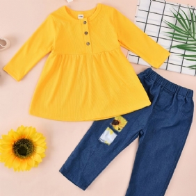 Tyttöjen Ruffle Solid Top & Denim Farkkuhousut & Pääpantasetti