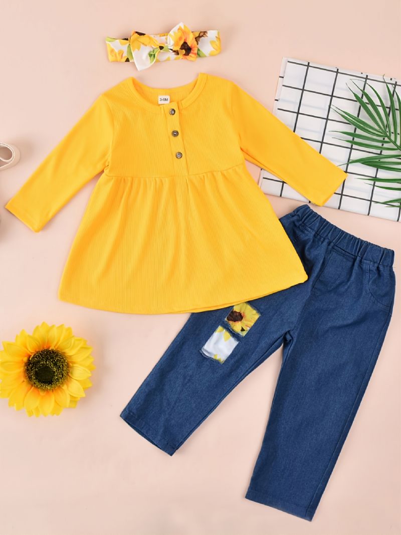 Tyttöjen Ruffle Solid Top & Denim Farkkuhousut & Pääpantasetti