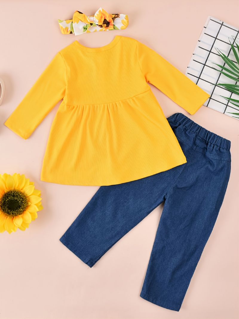 Tyttöjen Ruffle Solid Top & Denim Farkkuhousut & Pääpantasetti