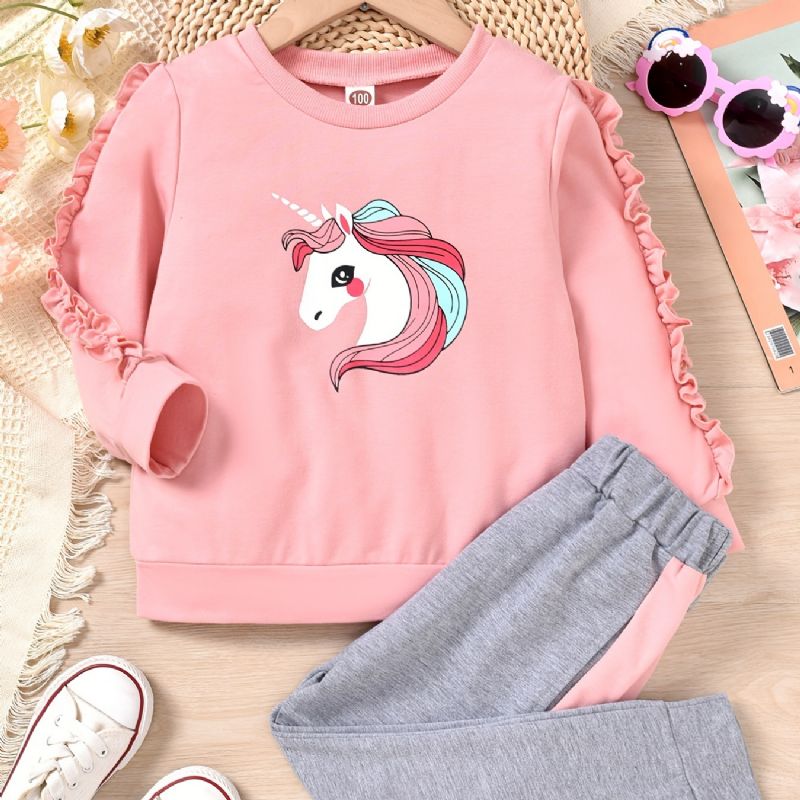 Tyttöjen Unicorn Trim Pitkähihainen Collegepaita + Yhteensopivat Colorblock Collegehousut Setti Lasten Talvivaatteisiin