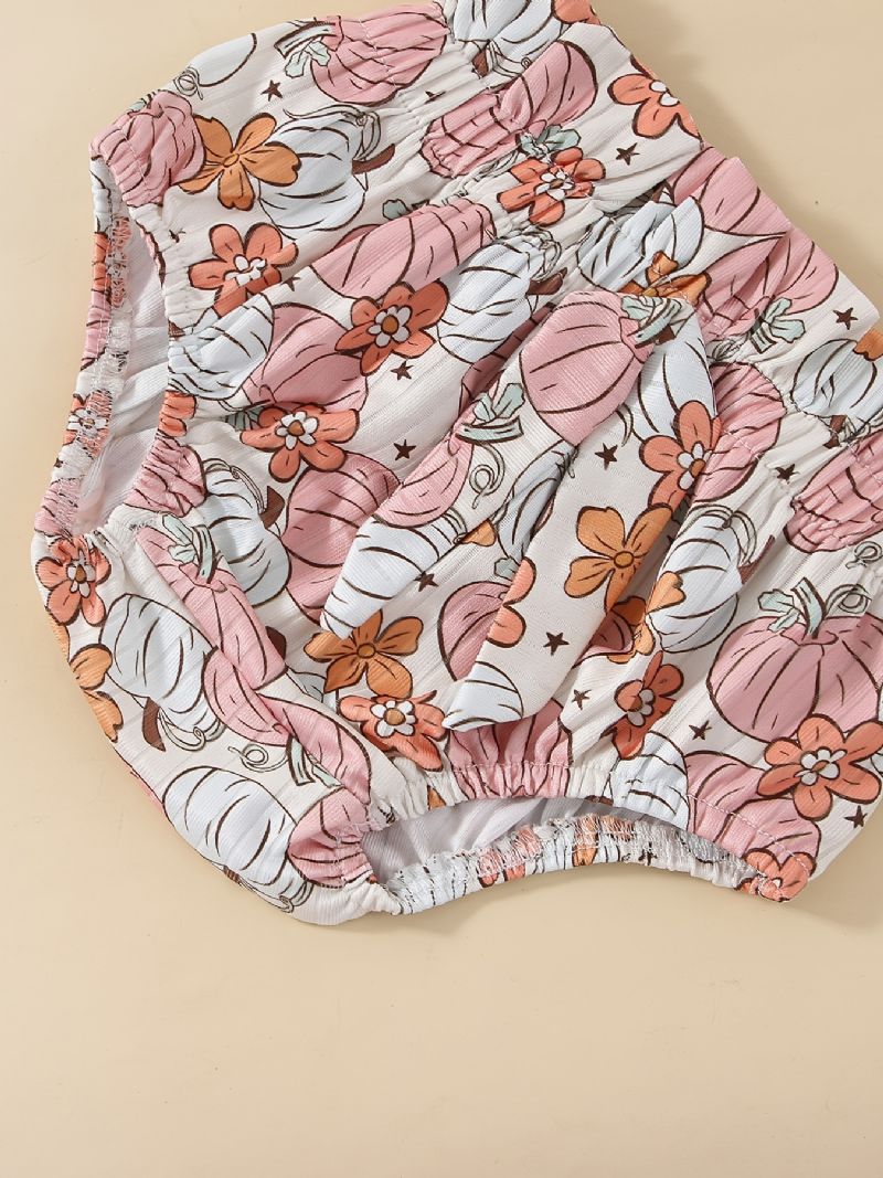 Tyttövauvan Yksivärinen Pitkähihainen Toppi & Pumpkin Flower Print Shortsisetti