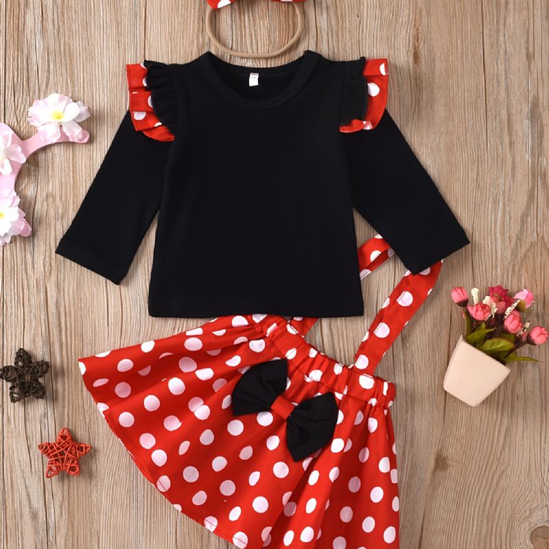 Tyttövauvojen Ruffle Hihattu Fly Sleeve Top & Polka Dots Suspender Hame & Pääpanta 3 Kpl Setti