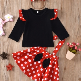 Tyttövauvojen Ruffle Hihattu Fly Sleeve Top & Polka Dots Suspender Hame & Pääpanta 3 Kpl Setti