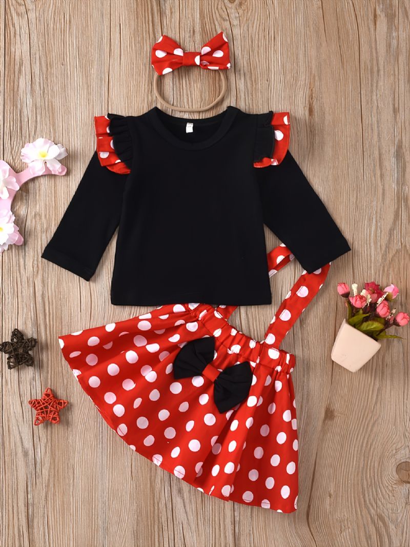 Tyttövauvojen Ruffle Hihattu Fly Sleeve Top & Polka Dots Suspender Hame & Pääpanta 3 Kpl Setti