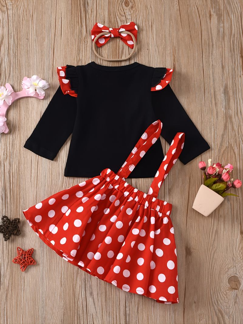 Tyttövauvojen Ruffle Hihattu Fly Sleeve Top & Polka Dots Suspender Hame & Pääpanta 3 Kpl Setti