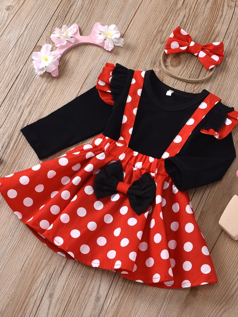 Tyttövauvojen Ruffle Hihattu Fly Sleeve Top & Polka Dots Suspender Hame & Pääpanta 3 Kpl Setti